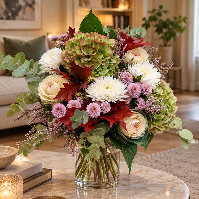 Ramo de Otoño con hortensia "Brujas" 2 Flores con tonos otoñales