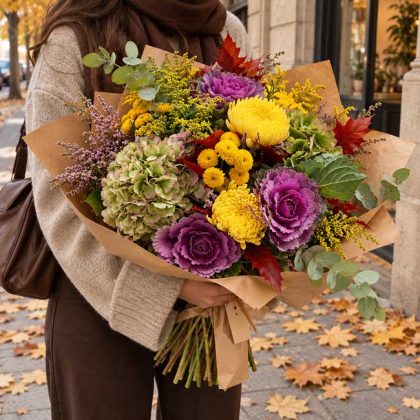 Un ramo de flores otoñal con horensias