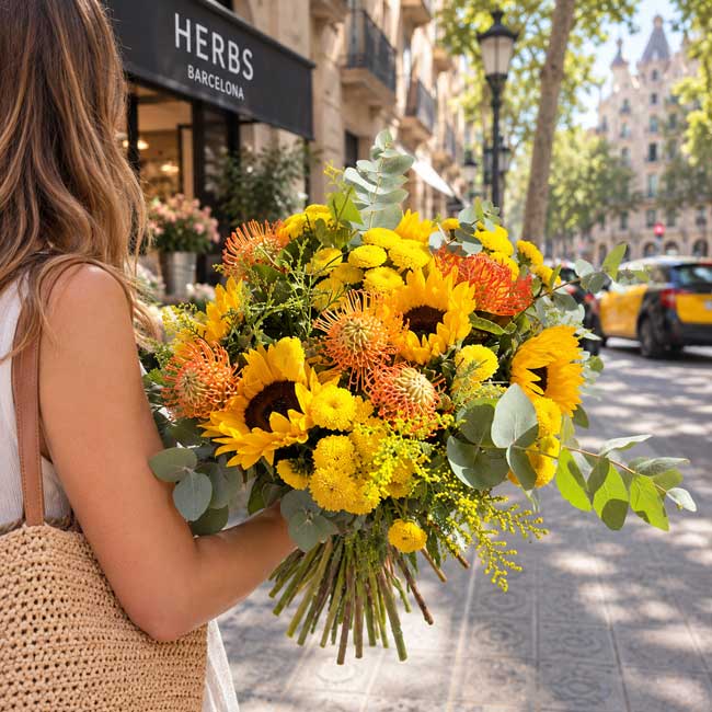 Ramo de otoño con Girasoles y Proteas 2 Ramo otoñal con flores de girasoles y proteas