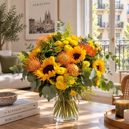 Ramo de otoño con girasoles y proteas